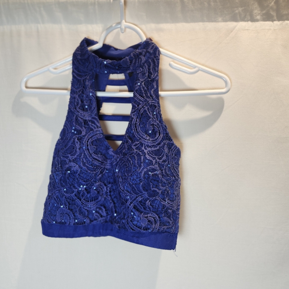 Blue Sequin and Lace Halter Crop Top With Cut Out Back Detail